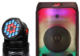 MR DJ FLAME3200 8" X 2 Rechargeable Portable Bluetooth Karaoke Speaker with Party Flame Lights Microphone TWS USB FM Radio + 18-LED Moving Head DJ Light