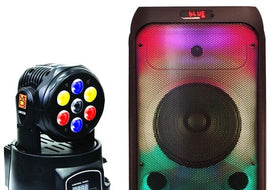 MR DJ FLAME4200 10" X 2 Rechargeable Portable Bluetooth Karaoke Speaker with Party Flame Lights Microphone TWS USB FM Radio + 7-LED Moving Head DJ Light