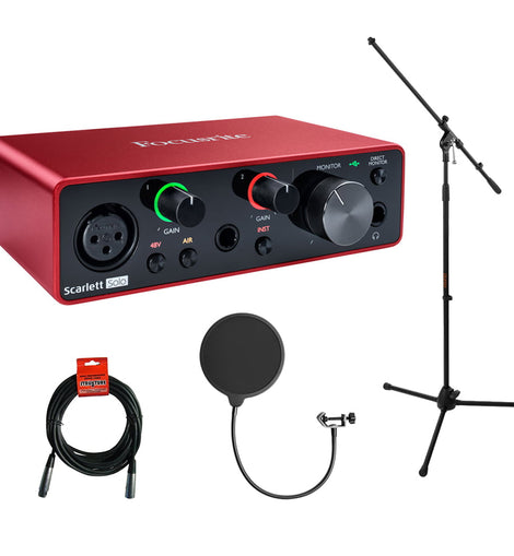 Focusrite Scarlett Solo 4rd Gen 2-In, 2-Out USB Audio Interface Bundle with Mic Stand + Pop Filter and XLR Cable