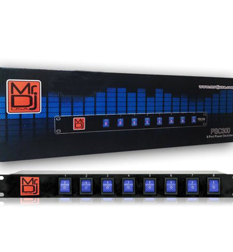 MR DJ PSC300 Rack Mountable 8 Port Power Switcher Surge Protectors Blue Toggles ON / OFF Power Center, Power Strip