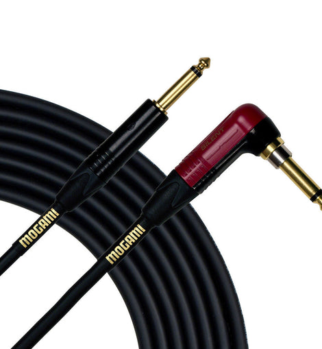 Mogami GOLD INST SILENT R 10 Guitar Instrument Cable Right Angle Silent Plug To Straight Connectors - 10 Feet
