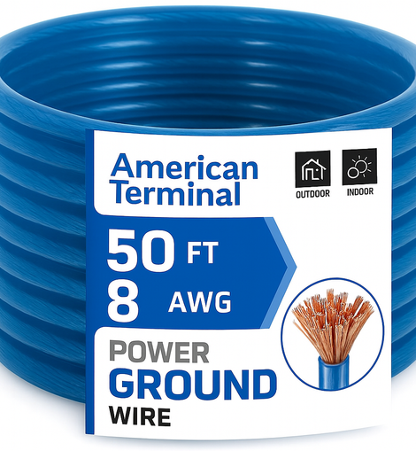 American Terminal ATP8G50BL 8GA 50' Blue Power Ground Wire Car Audio Amplifier Marine Cable