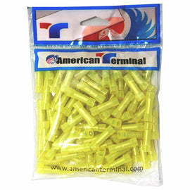 American Terminal TBC1210Y 100 pcs 12 - 10 Gauge AWG Yellow insulated Nylon crimp terminals connectors Butt Connectors