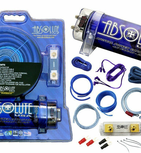 Absolute USA KITCAP0GABL 4.0 Farad Power Capacitor 0 Gauge Car Amplifier Installation Wiring Complete Kit (Blue)