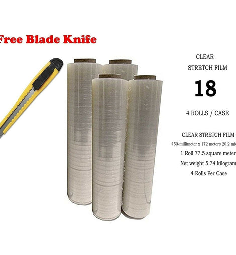 BM Paper 1 X Four (4) Plastic Shrink Stretch Wrap 445mm x 450m, 4RLS/CS + Free BLADE