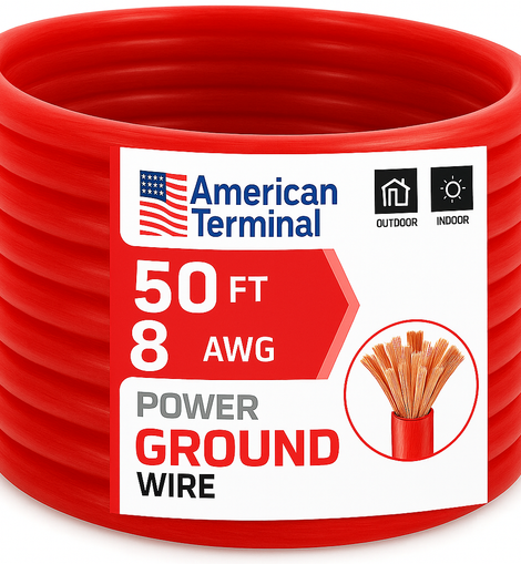American Terminal ATP8G50RD 8GA 50' Red Power Ground Wire Car Audio Amplifier Marine Cable