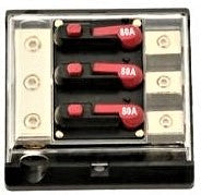 Absolute 3DCB50 Circuit Breaker<br/> Inline Circuit Breaker Power Distribution Block 50 Amp 3 Gang 3x4 Gauge Input 3x8 Gauge Output