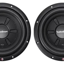 2 Rockford Fosgate Prime R2SD2-10 + 2 Single Sealed Boxes 400W Max 10" shallow mount dual 2-ohm voice coils subwoofer + 2 Single Sealed Boxes