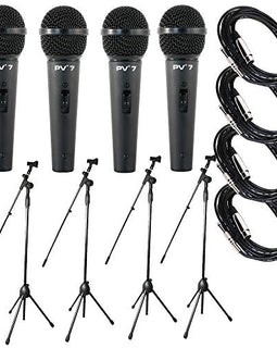 4 Peavey PV7 ND Magnet Dynamic Microphone with 1/4" to XLR Cable + 4 Microphone Stands