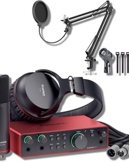 Focusrite Scarlett 2i2 Studio 4th Gen USB Audio Interface Boom Arm Mic Stand Desktop Mount Detachable Clip XLR Cable Microphone Pop Filter Cable Ties