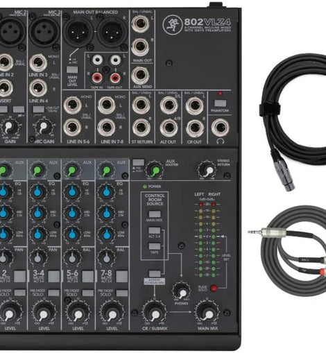 Mackie 802VLZ4 8-channel Ultra Compact Mixer with High-Quality Onyx Preamps with MR DJ XLR Cable 20 Feet and 3.5mm TRS to dual 1/4