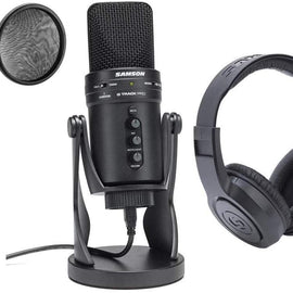 Samson G-Track Pro Studio USB Condenser Mic with Audio Interface - Bundle With Samson SR350 Over-Ear Stereo Headphones, Mr Dj Pop Filter with Gooseneck