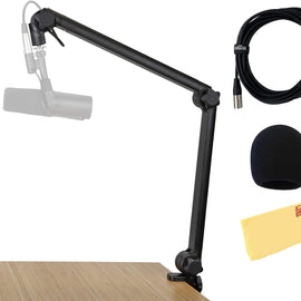 Gator GFWMICBCBM3000 Deluxe Frameworks Desktop Mic Boom Stand - Bundle with Microphone Windscreen, XLR Cable