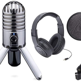 Samson Meteor Mic USB Studio Microphone Large Diaphragm, Built-in Monitoring + Samson Stereo Headphones + Pop Filter