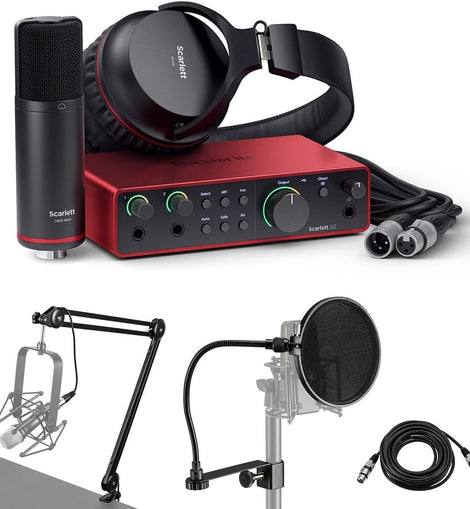 Focusrite Scarlett 2i2 Studio 4th Gen USB Interface Microphone Headphones Software Suite Broadcast Arm Springs XLR Cable Pop Filter