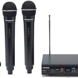 SAMSON Stage 212 Dual VHF Handheld Wireless Microphone System w 2 Q6 Mics Bundle with Mackie CR BUDS Studio Quality Earphones EarBuds Headphones w Mic & Controls