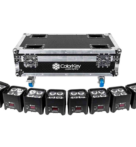 Colorkey CKW-6028-KIT, Mobilepar Mini Hex 4 Uplights 8-Pack Bundle with Charging Road Case