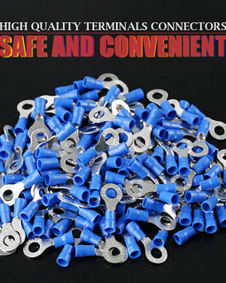 100 Pieces 14 - 16 Gauge 1/4" Vinyl Blue Ring Terminal Connectors Secure