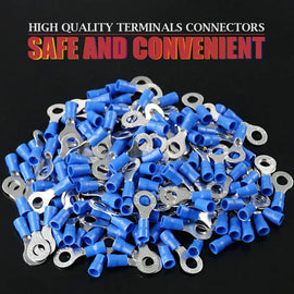 100 Pieces 14 - 16 Gauge 1/4" Vinyl Blue Ring Terminal Connectors Secure