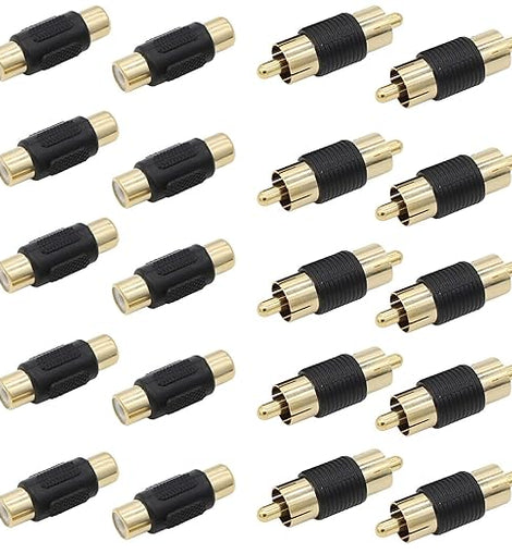 20 Pack Female & Male Gold RCA cable Cord Coupler Joiner barrel Connectors