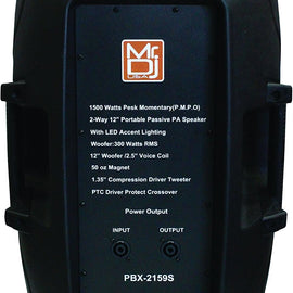 MR DJ PBX2159S 12" Portable PA/DJ 2 Way Passive Speaker LED Accent Lighting