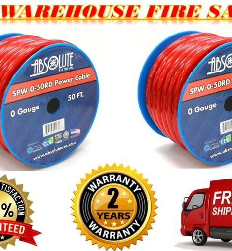 Two Red 1/0 Gauge 50' Pro Xtreme Twisted Power / Ground Battery Wire Cables