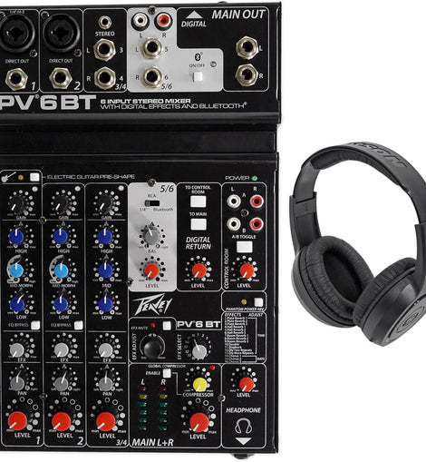 Peavey PV 6 BT 6 Channel Compact Mixing Mixer Console with Bluetooth + Certified Headphones