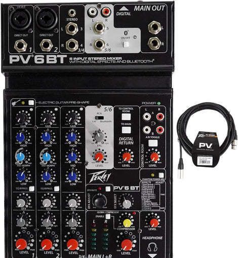 Peavey PV 6 BT 6 Channel Compact Mixing Mixer Console with Bluetooth + 20' XLR