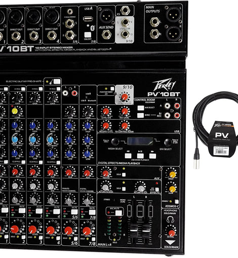 Peavey PV10BT Pro Audio Mixer,4 mic In,Bluetooth/USB,Compressor/Effects Bundle with Peavey PV 20' XLR Female to Male Low Z Mic Cable