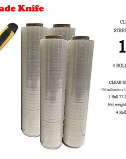 1 X Four (4) Plastic Shrink Stretch Wrap 445mm x 450m, 4RLS/CS + Free BLADE