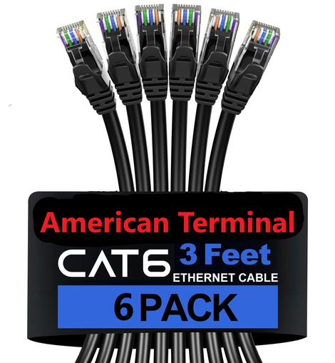 6 A-T 3' Cat6a Ethernet network patch cable RJ45 23AWG 600M solid copper wire 3' black