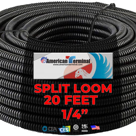 American Terminal 20 Ft 1/4" Split Wire Loom Conduit Polyethylene Tubing Black Color Sleeve Tube