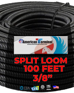 American Terminal 100 Feet Black 3/8" Split Loom Split Wire Loom Conduit Corrugated Plastic Tubing Sleeve