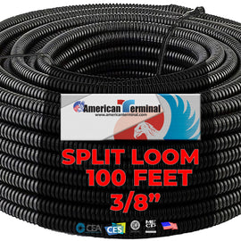 American Terminal 100 Feet Black 3/8" Split Loom Split Wire Loom Conduit Corrugated Plastic Tubing Sleeve for Various Automotive, Home, Marine, Industrial Wiring Applications, Etc.