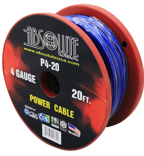 Absolute P420BL 20' 4-Gauge Blue Power Ground Wire Cable