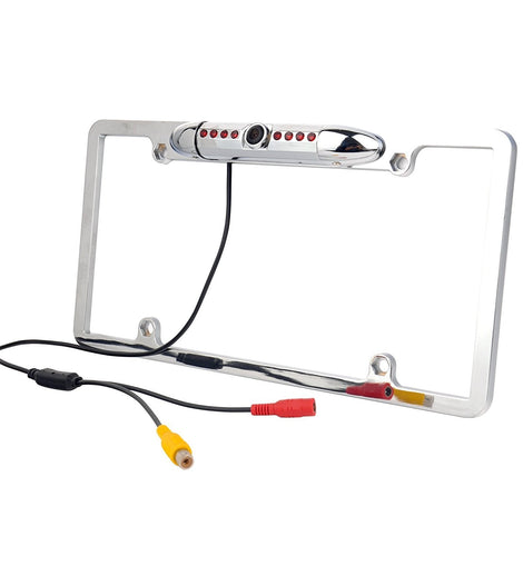 Absolute CAM2100S Chrome Front or Rear Car Rear View Backup Camera License Plate Backup Camera with Wide View Angle 8 LED Night Vision Waterproof Front & Back up Camera, Guide Line On/Off