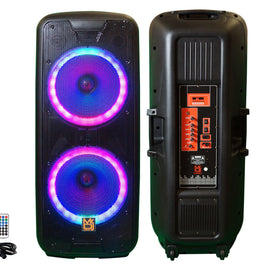 MR DJ DJ215BTA Dual 15" Rechargeable Bluetooth Party Speaker LED Lights TWS Wired Microphone USB/SD FM Radio & Remote Control