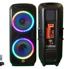 MR DJ DJ215BTA Dual 15" Rechargeable Bluetooth Party Speaker LED Lights TWS Wired Microphone USB/SD FM Radio & Remote Control