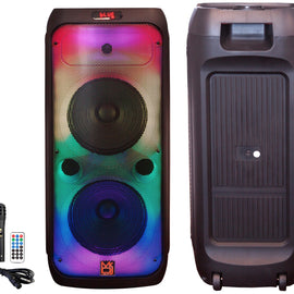 MR DJ FLAME3200 8" X 2 Rechargeable Portable Bluetooth Karaoke Speaker with Party Flame Lights Microphone TWS USB FM Radio + 18-LED Slim Par Wash DJ Light