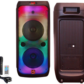 MR DJ FLAME4200 10" X 2 Rechargeable Portable Bluetooth Karaoke Speaker with Party Flame Lights Microphone TWS USB FM Radio + 54-LED Slim Par Wash DJ Light