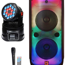 MR DJ FLAME4200 10" X 2 Rechargeable Portable Bluetooth Karaoke Speaker with Party Flame Lights Microphone TWS USB FM Radio + 18-LED Moving Head DJ Light