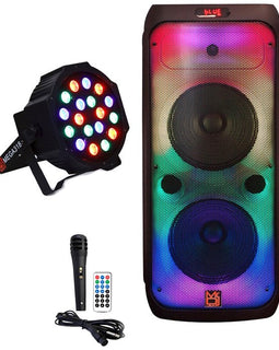 MR DJ FLAME3200 8" X 2 Rechargeable Portable Bluetooth Karaoke Speaker with Party Flame Lights Microphone TWS USB FM Radio + 18-LED Slim Par Wash DJ Light