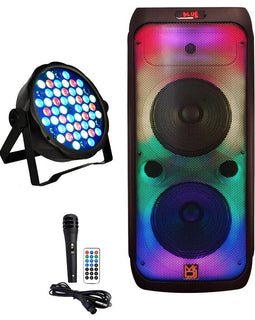 MR DJ FLAME3200 8" X 2 Rechargeable Portable Bluetooth Karaoke Speaker with Party Flame Lights Microphone TWS USB FM Radio + 54-LED Slim Par Wash DJ Light