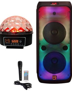MR DJ FLAME4200 10" X 2 Rechargeable Portable Bluetooth Karaoke Speaker with Party Flame Lights Microphone TWS USB FM Radio + LED Crystal Magic Ball