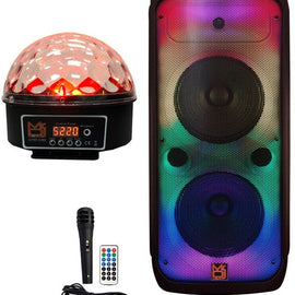 MR DJ FLAME3200 8" X 2 Rechargeable Portable Bluetooth Karaoke Speaker with Party Flame Lights Microphone TWS USB FM Radio + LED Crystal Magic Ball