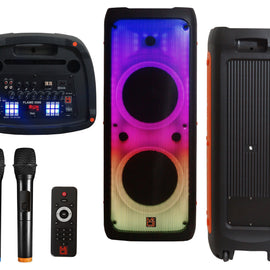 MR DJ FLAME5500LED Dual 12” Karaoke Party Speaker Rechargeable PA System with 2 Wireless Mics, Flame LED Lights, TWS, Portable DJ Sound System