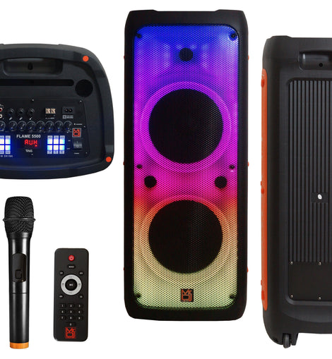 MR DJ FLAME5500LED Dual 12” Karaoke Party Speaker Rechargeable PA System with 2 Wireless Mics, Flame LED Lights, TWS, Portable DJ Sound System