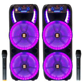 2 MR DJ HOLLYWOOD+ Dual 15" Rechargeable Portable Bluetooth Karaoke Speaker Party Flame Lights with 2 Wireless Microphone TWS USB FM Radio
