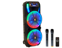 MR DJ HOLLYWOOD+ Dual 15" Rechargeable Portable Bluetooth Karaoke Speaker Party Flame Lights with 2 Wireless Microphone TWS USB FM Radio