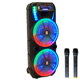 MR DJ HOLLYWOOD+ Dual 15" Rechargeable Portable Bluetooth Karaoke Speaker Party Flame Lights with 2 Wireless Microphone TWS USB FM Radio